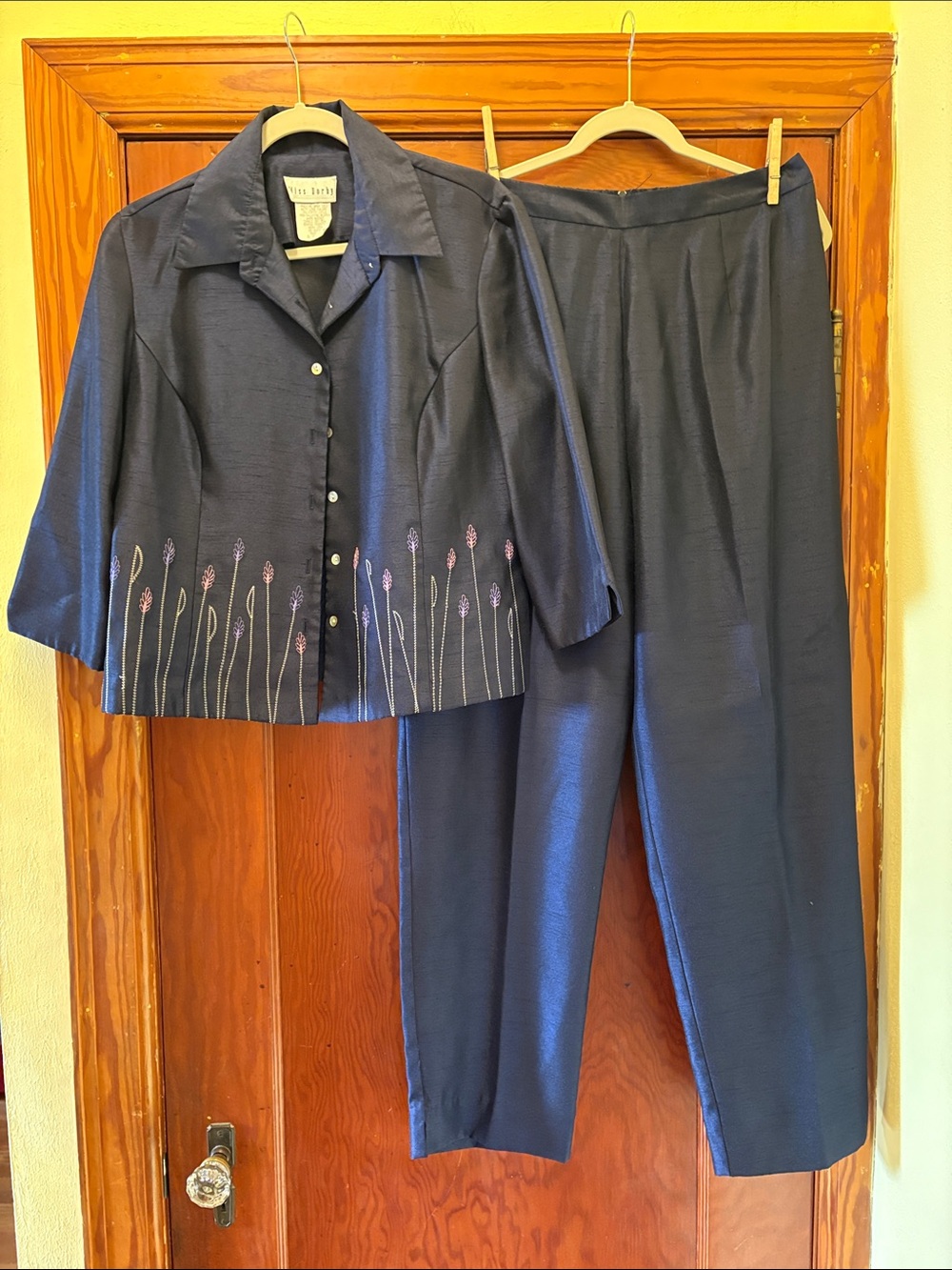 Miss Darby Navy Two-Piece Embroidered Top & Pants Set